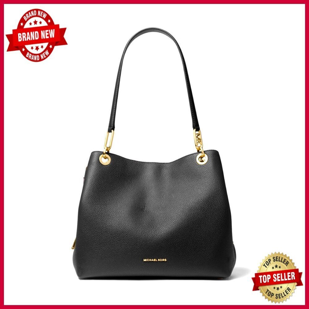 Large Pebbled Leather Shoulder Tote Bag with Gold Hardware and Zip Compartment